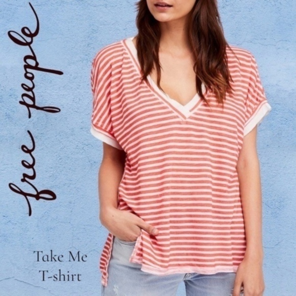 FREE PEOPLE Take Me Short Sleeve Hi-Lo Orange Stripe RELAXED Top NWT/SM